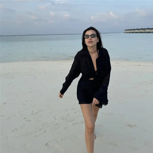Load image into Gallery viewer, Summer Beach Two Piece Sets Women Long Sleeve Shirt And Mini Skirt Female See Through Loose 2 Piece Set Beachwear

