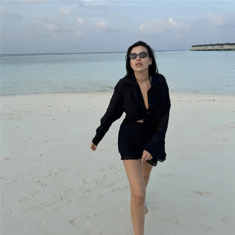 Summer Beach Two Piece Sets Women Long Sleeve Shirt And Mini Skirt Female See Through Loose 2 Piece Set Beachwear