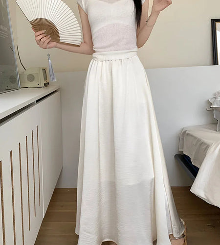 Korean Casual Women's Black White Elegant Simple Pleated A-line Skirt Spring Summer Fashion Slim High Waist Long Skirts Popular