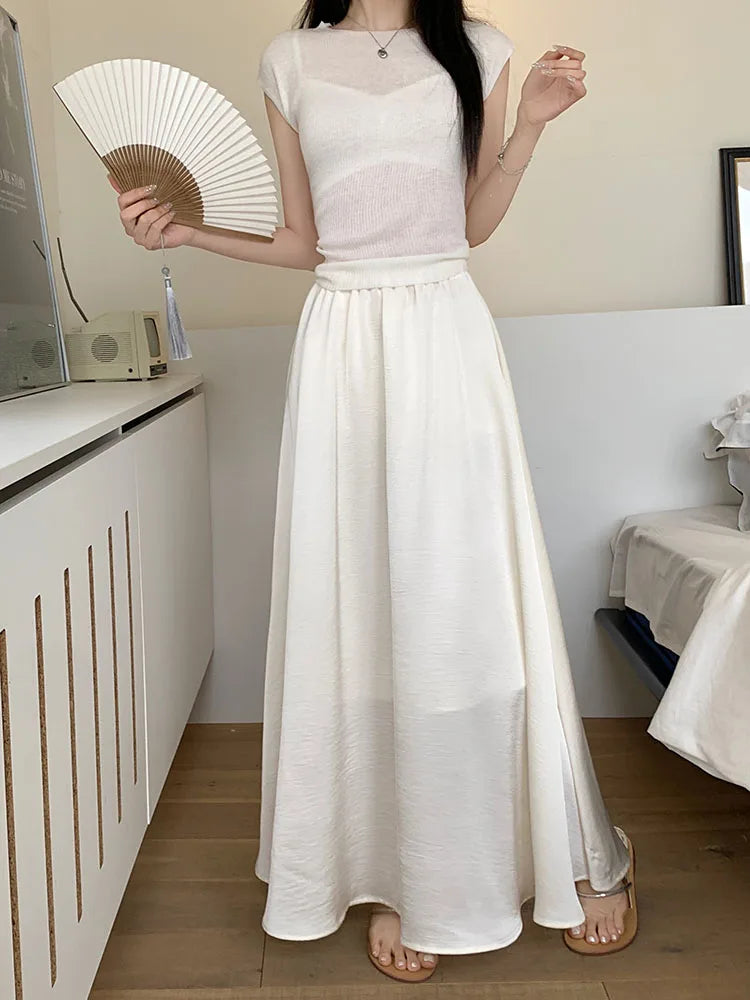 Korean Casual Women's Black White Elegant Simple Pleated A-line Skirt Spring Summer Fashion Slim High Waist Long Skirts Popular