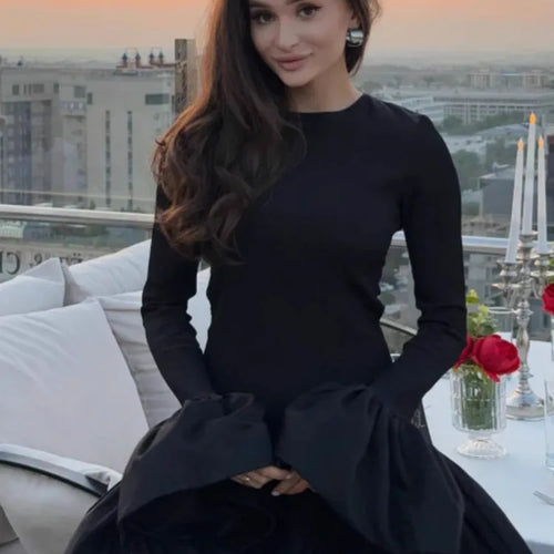 Load image into Gallery viewer, Long Flare Sleeve Knitted Sexy Mini Dress For Women Autumn Winter New Patchwork O Neck A-line Knit Puffy Dress Elegant
