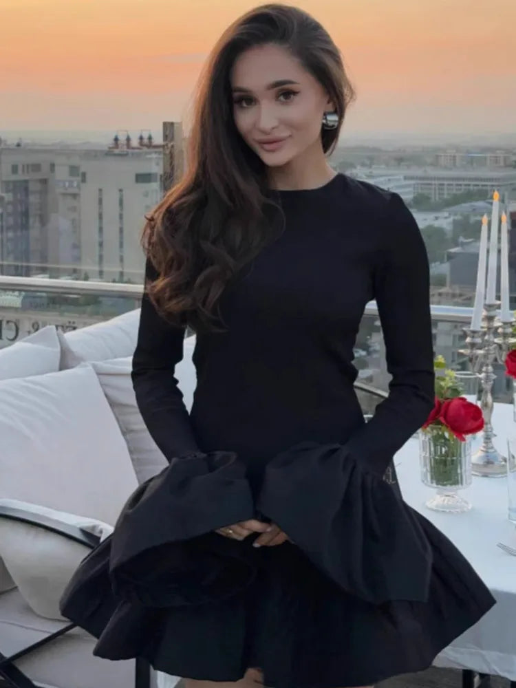 Long Flare Sleeve Knitted Sexy Mini Dress For Women Autumn Winter New Patchwork O Neck A-line Knit Puffy Dress Elegant