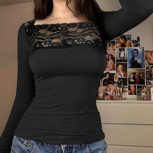 Load image into Gallery viewer, Vintage Lace Patchwork Hook Floral T-shirts Women Elegant Slim-Fit Square Neck Spring Autumn Tops Long Sleeve Clothes
