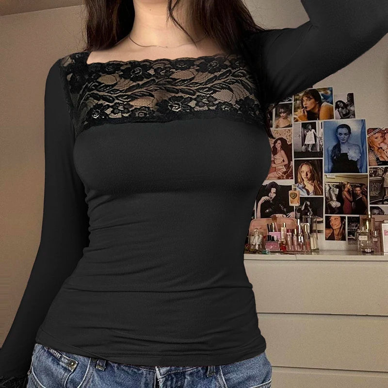 Vintage Lace Patchwork Hook Floral T-shirts Women Elegant Slim-Fit Square Neck Spring Autumn Tops Long Sleeve Clothes