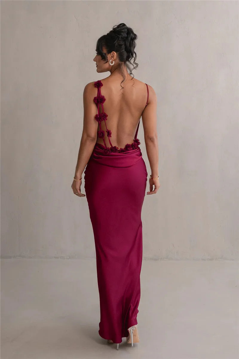 Floral Draped Backless Maxi Long Dress For Women Fashion Spaghetti Strap Sleeveless Bodycon Evening Party Dress Elegant
