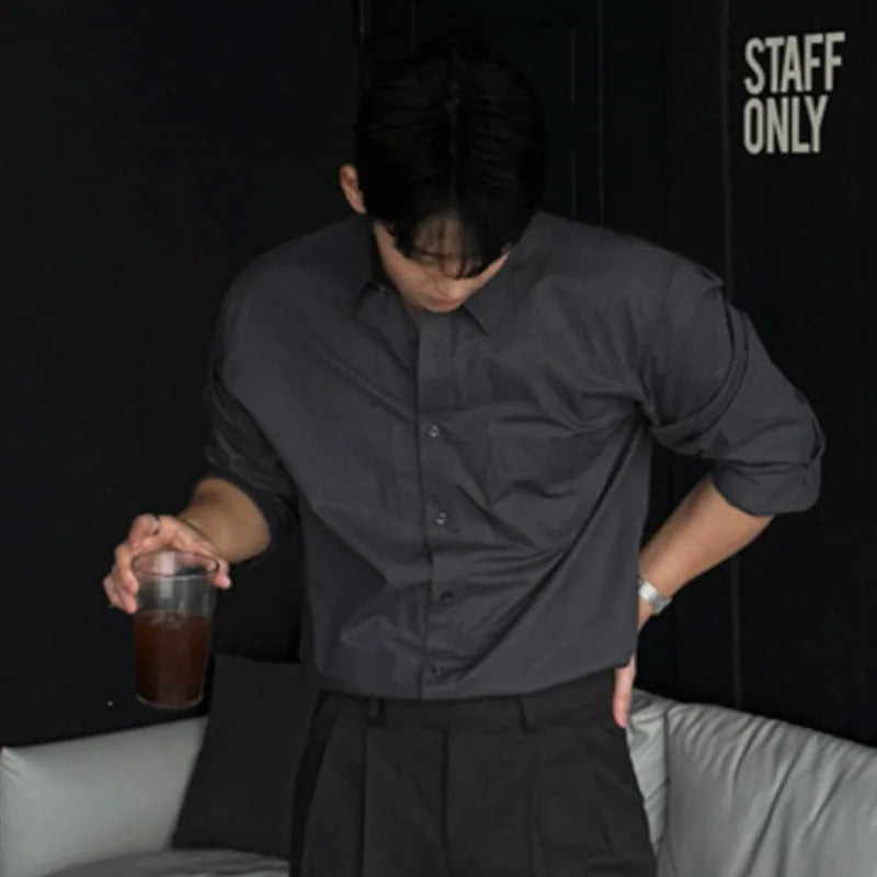 Male Simple Long Sleeve Shirt New Spring Loose Solid Color Shirts New Korean Single Breasted Trendy Men's Top 9W1451