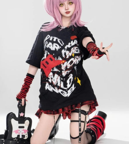 Japanese Oversized T Shirt Y2k Tops Harajuku Punk Tees O-neck Print Streetwear Tshirts Fashion Summer Camisetas Black T-shirt