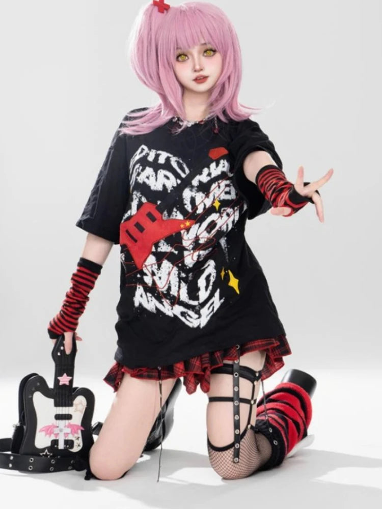Japanese Oversized T Shirt Y2k Tops Harajuku Punk Tees O-neck Print Streetwear Tshirts Fashion Summer Camisetas Black T-shirt