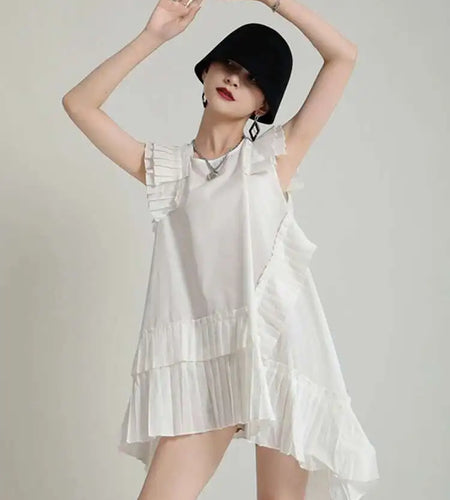 Women White Irregular Pleated Big Size Elegant Dress New Round Neck Sleeveless Fashion Tide Spring Summer 2025 1DH5375