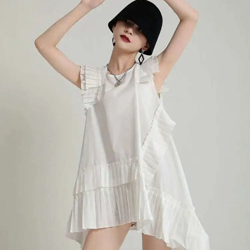 Load image into Gallery viewer, Women White Irregular Pleated Big Size Elegant Dress New Round Neck Sleeveless Fashion Tide Spring Summer 2025 1DH5375
