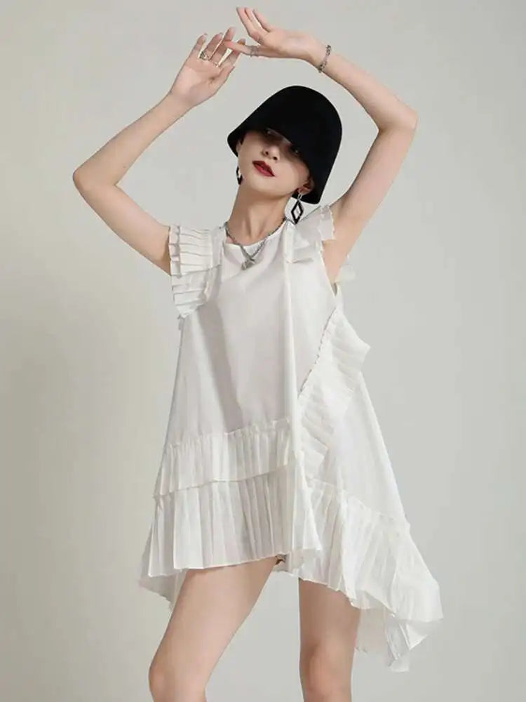 Women White Irregular Pleated Big Size Elegant Dress New Round Neck Sleeveless Fashion Tide Spring Summer 2025 1DH5375