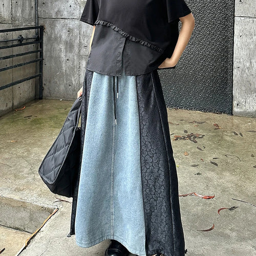 Load image into Gallery viewer, High Elastic Waist Black Lace Denim Color-block A-line Half-body Skirt Women Fashion Tide New Spring Autumn 2025 1DJ1293
