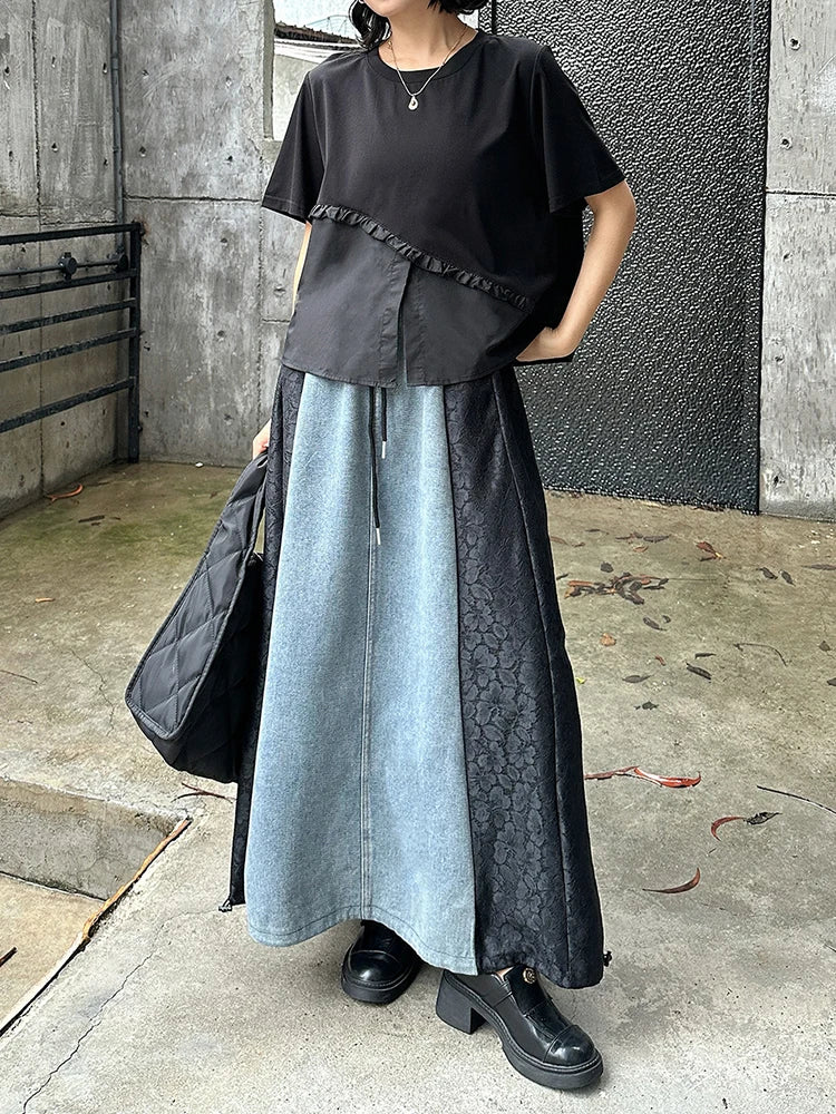 High Elastic Waist Black Lace Denim Color-block A-line Half-body Skirt Women Fashion Tide New Spring Autumn 2025 1DJ1293
