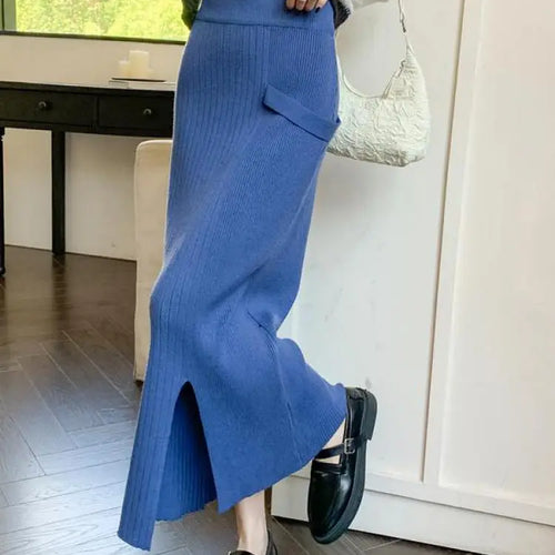 Load image into Gallery viewer, Women Solid Festival Knitted Long Skirt High Waist Slim Autumn Winter Elastic Waist Wrap Hip Split Skirts Fashion Elegant Ladies
