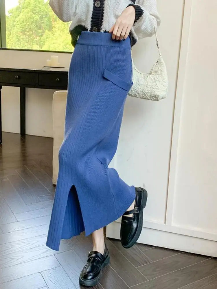 Women Solid Festival Knitted Long Skirt High Waist Slim Autumn Winter Elastic Waist Wrap Hip Split Skirts Fashion Elegant Ladies