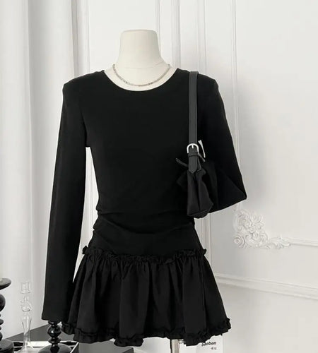 Autumn Winter Women Fashion Black Round Neck Long Sleeved Pleated Short Dress 2024 Beige Sexy Elegant Ruffles Mini Dress Popular