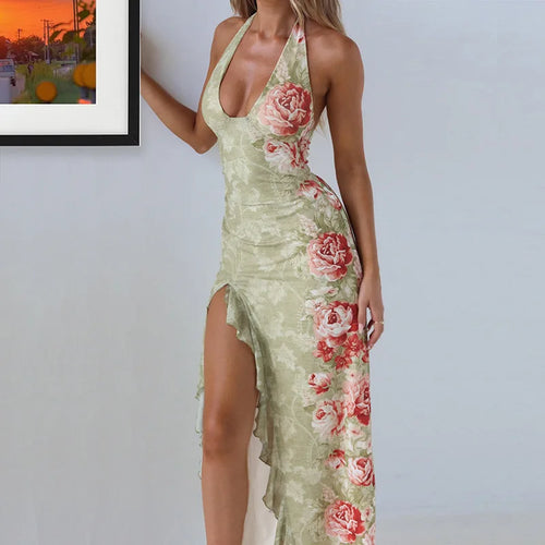 Load image into Gallery viewer, Halter Backless Print Sexy Maxi Dress Women Deep V Neck Sleeveless Thigh High Split Ruffled Sexy Club Beach Long Dress
