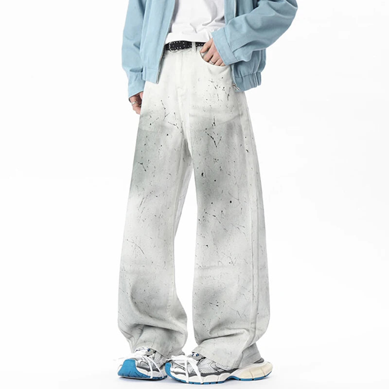 Men's Jeans New Summer Korean Tie-dyed Paint Dot Splash Ink White Casual Handsome Straight Leg Male Bottoms 9W1675