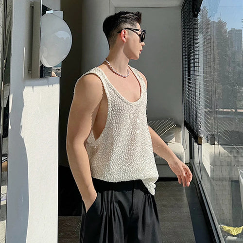 Load image into Gallery viewer, Thin Tank Top Sleeveless Fine Sparkling Pearl Slice Vest Solid Color 2024 Fashion Summer New Male Clothing Casual 9C5307
