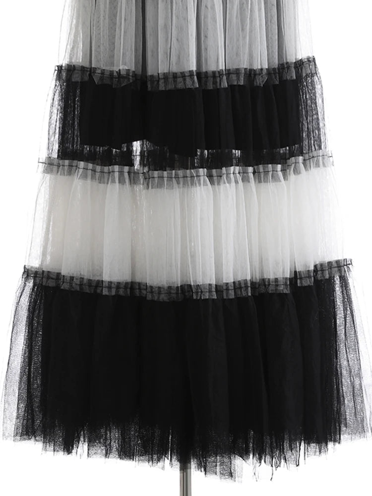 High Elastic Waist Black  White Mesh Color-block A-line Half-body Skirt Women Fashion Tide New Spring Autumn 2025 1DJ1077