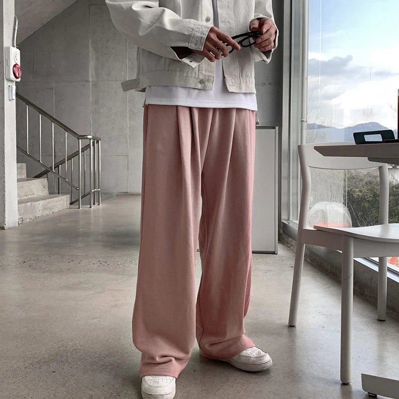 Simple Men's Casual Pants Pleated Solid Color Drape New Spring Loose Straight Trousers Wide Leg Male Bottom Korean 9C9308