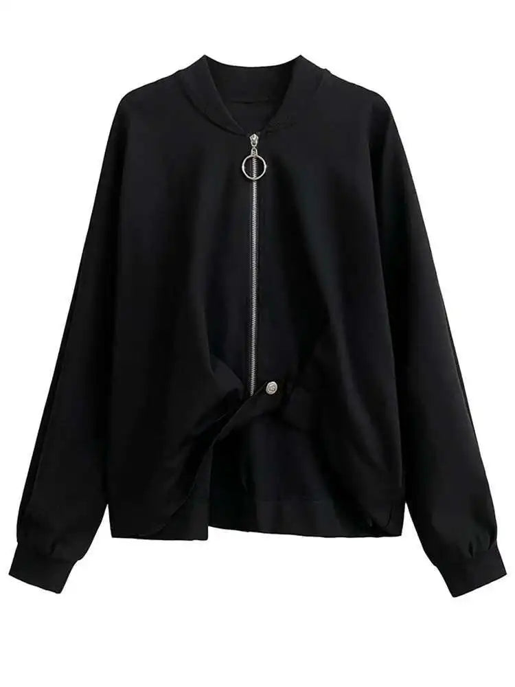Black Irregular Hem Big Size Jacket New Stand Collar Long Sleeve Women Coat Fashion Tide Spring Autumn 2025 1DH1050