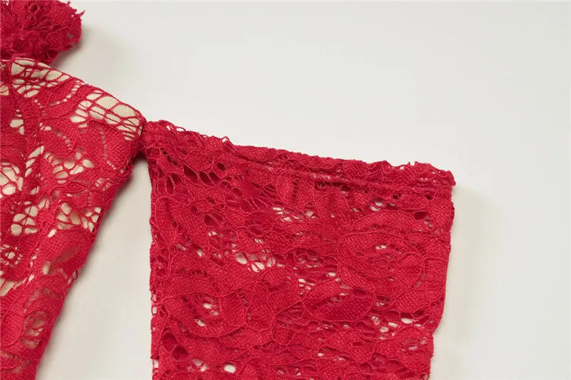 Red Lace Off-shoulder Sexy Mini Dress For Women Fashion Halter Strapless Long Sleeve Bodycon Club Party Sexy Dress