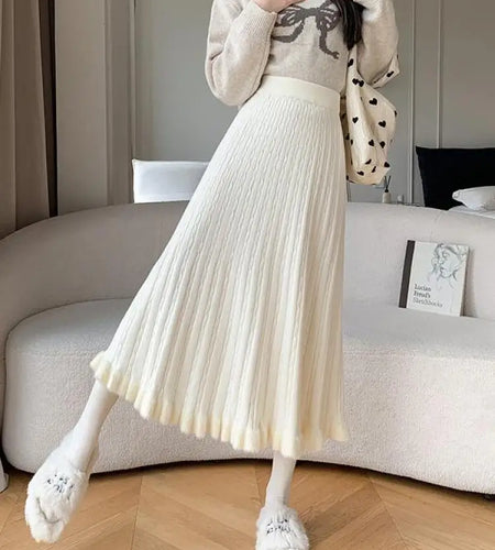 Autumn Winter Women Black White Temperament Knitted Pleated Half Skirt High Waist Versatile Elegant Vacation Ruffles Long Skirts