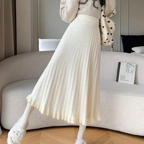 Load image into Gallery viewer, Autumn Winter Women Black White Temperament Knitted Pleated Half Skirt High Waist Versatile Elegant Vacation Ruffles Long Skirts
