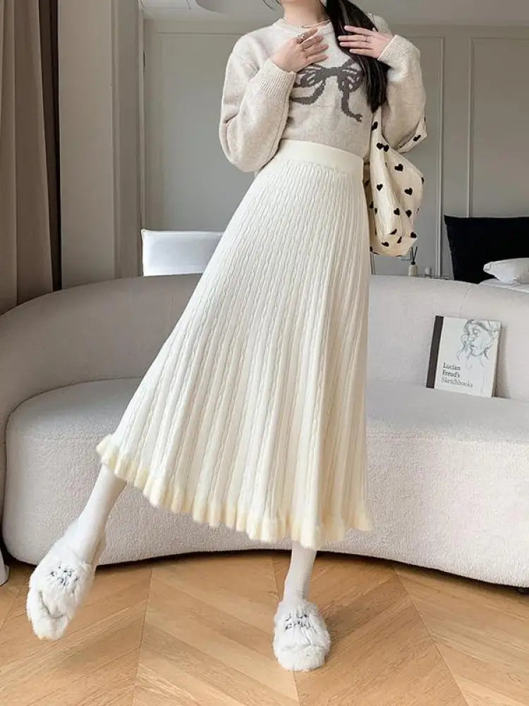 Autumn Winter Women Black White Temperament Knitted Pleated Half Skirt High Waist Versatile Elegant Vacation Ruffles Long Skirts