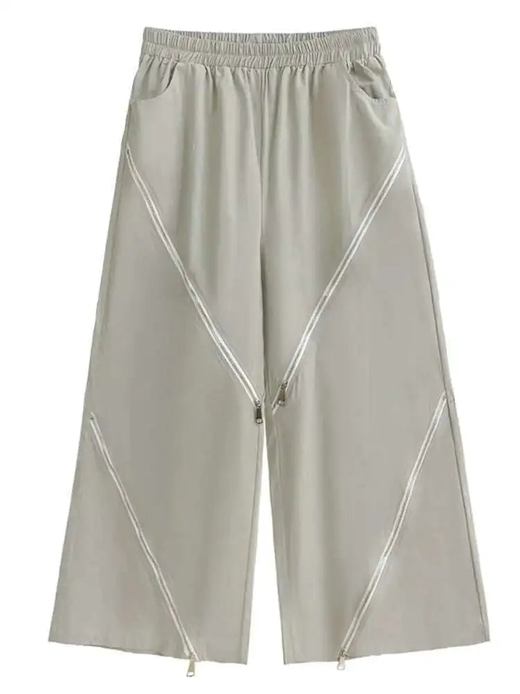 High Elastic Waist Gray Zipper Irregular Wide Leg Pants New Loose Fit Trousers Women Fashion Spring Autumn 2025 1DH3451