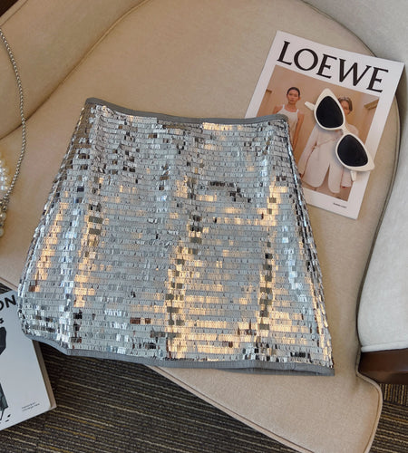 Autumn Winter Silver Elegant Shimmering Sequins Mini Skirt Women Black Sexy Club Party Wrap Hip Short Skirt Retro Popular Simple