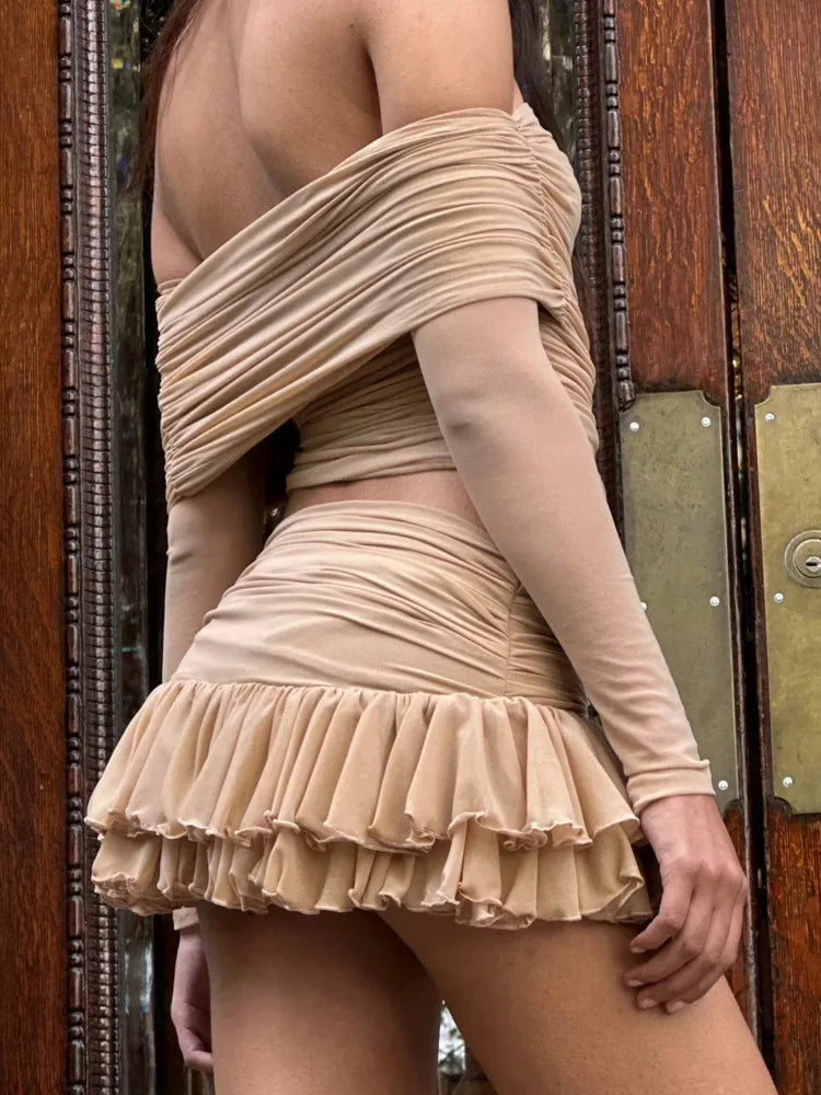 Elegant Off Shoulder Tight Long Sleeve Top Skirt Two Piece Set Women Sexy Bareback Slim Elastic Party Beach Vacation Set