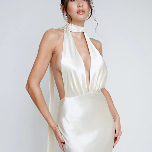 Load image into Gallery viewer, Deep V Backless Evening Dress for Women, Sexy Bodycon Dress, Satin Lace Up Flower Dress, Female Slim Party Night Clubwea
