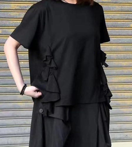 Women Black Ruffles Irregular Big Size Casual T-shirt New Round Neck Short Sleeve Fashion Tide Spring Summer 2025 1DJ0484