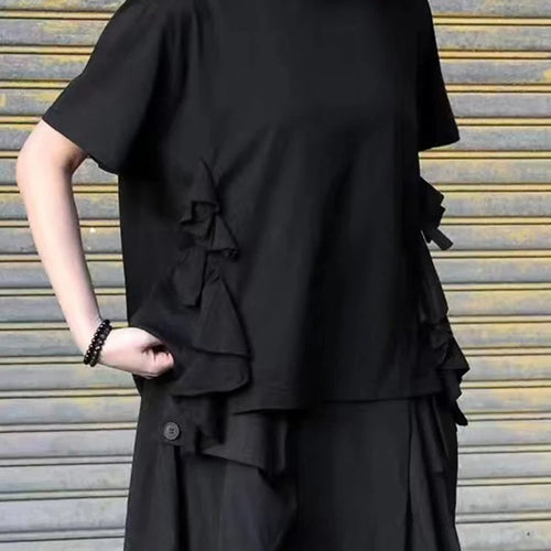 Load image into Gallery viewer, Women Black Ruffles Irregular Big Size Casual T-shirt New Round Neck Short Sleeve Fashion Tide Spring Summer 2025 1DJ0484
