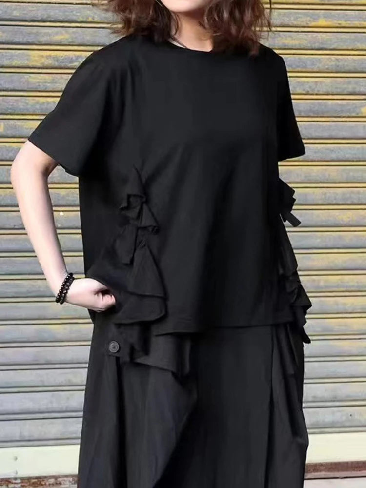 Women Black Ruffles Irregular Big Size Casual T-shirt New Round Neck Short Sleeve Fashion Tide Spring Summer 2025 1DJ0484