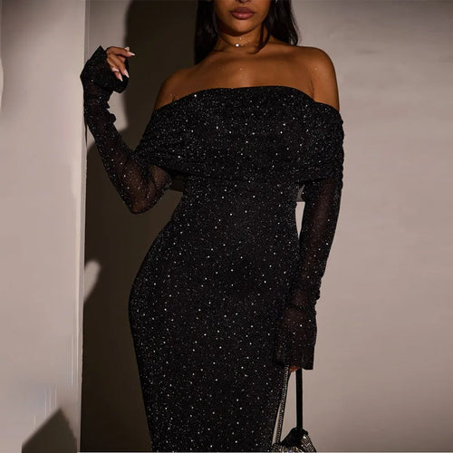 Load image into Gallery viewer, Glitter Off-shoulder Sexy Maxi Dress For Women Gown Black Strapless Long Sleeve Bodycon Club Party Sparkle Long Dress
