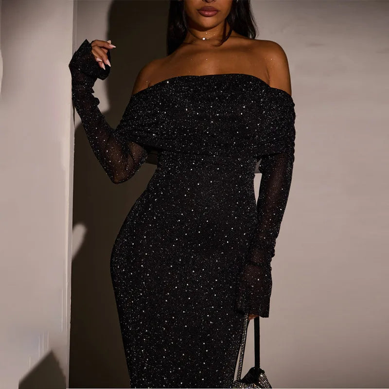 Glitter Off-shoulder Sexy Maxi Dress For Women Gown Black Strapless Long Sleeve Bodycon Club Party Sparkle Long Dress