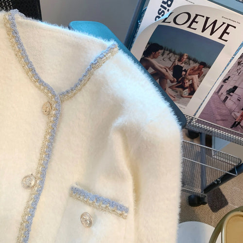 Load image into Gallery viewer, Autumn Winter French Black White Patchwork Knitted Cardigan Tops Women V Neck Single Breasted Long Sleeve Imitation Mink Sweater
