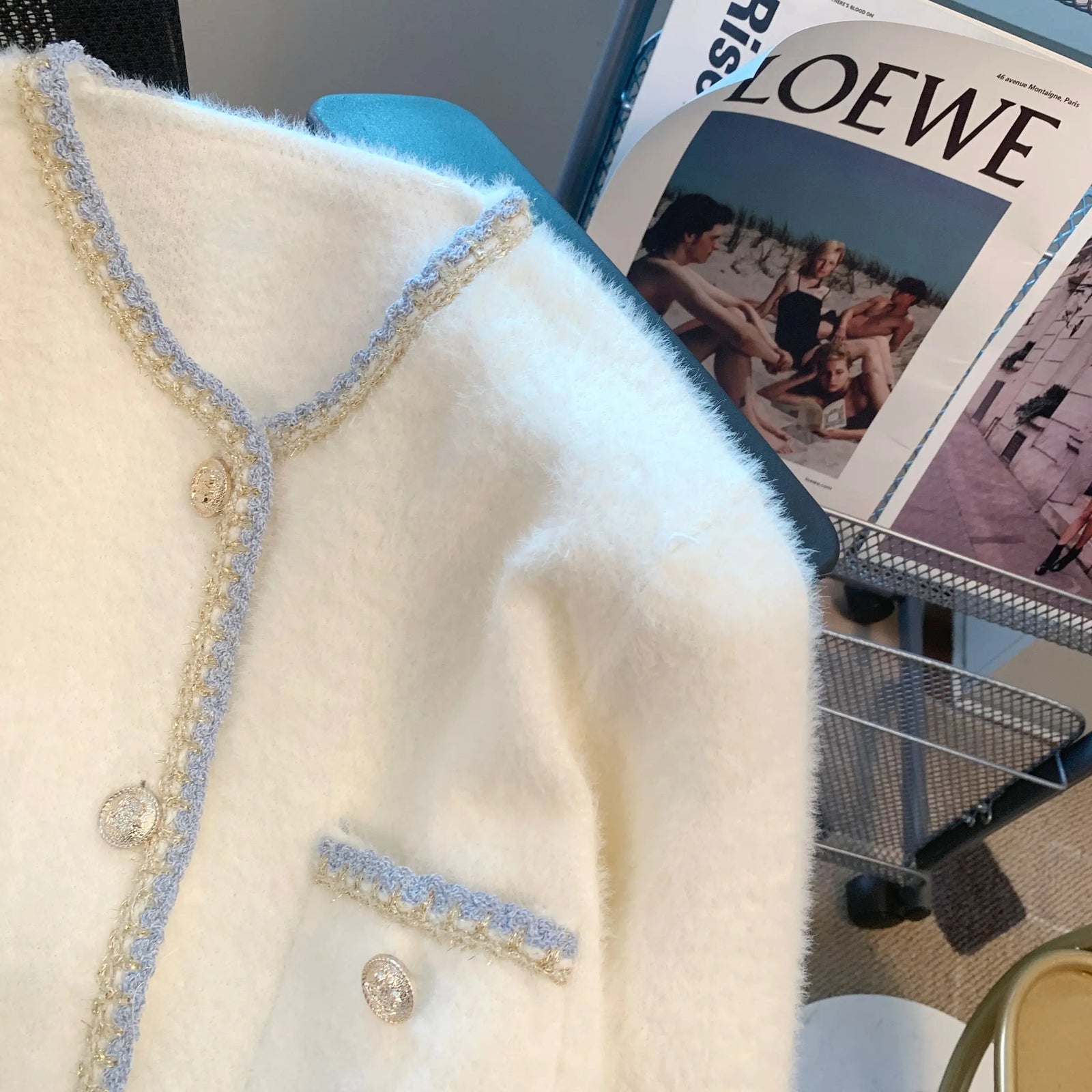 Autumn Winter French Black White Patchwork Knitted Cardigan Tops Women V Neck Single Breasted Long Sleeve Imitation Mink Sweater