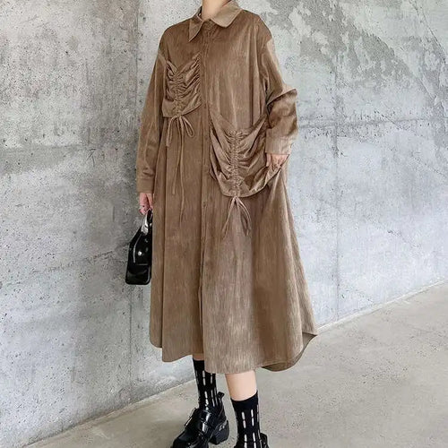 Load image into Gallery viewer, Women Khaki Drawstring Irregular Big Size Elegant Midi Dress New Long Sleeve Fashion Tide Spring Autumn 2025 1DH7270
