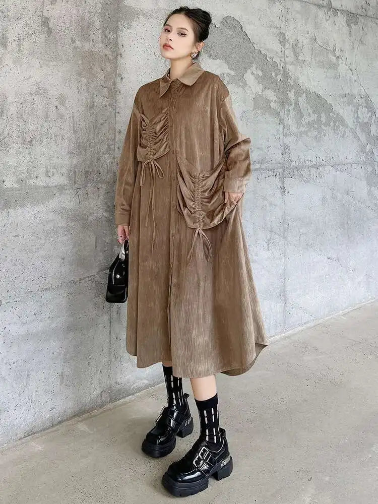 Women Khaki Drawstring Irregular Big Size Elegant Midi Dress New Long Sleeve Fashion Tide Spring Autumn 2025 1DH7270