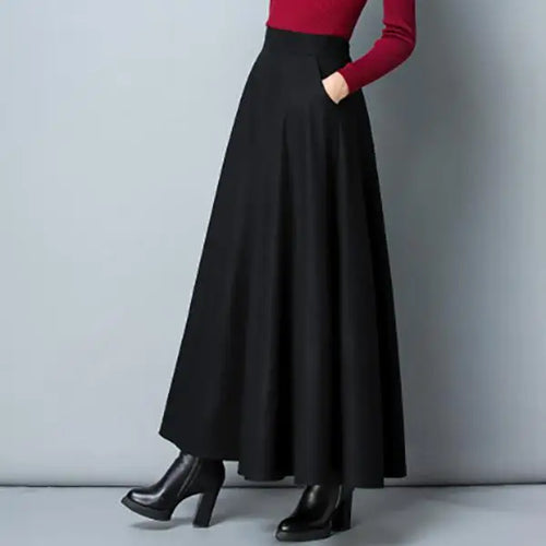 Load image into Gallery viewer, Autumn Winter Black Gray Large Size Woolen Long Skirt Women Fashion Korean Ladies Red High Waist Festival Pleated A-line Skirts
