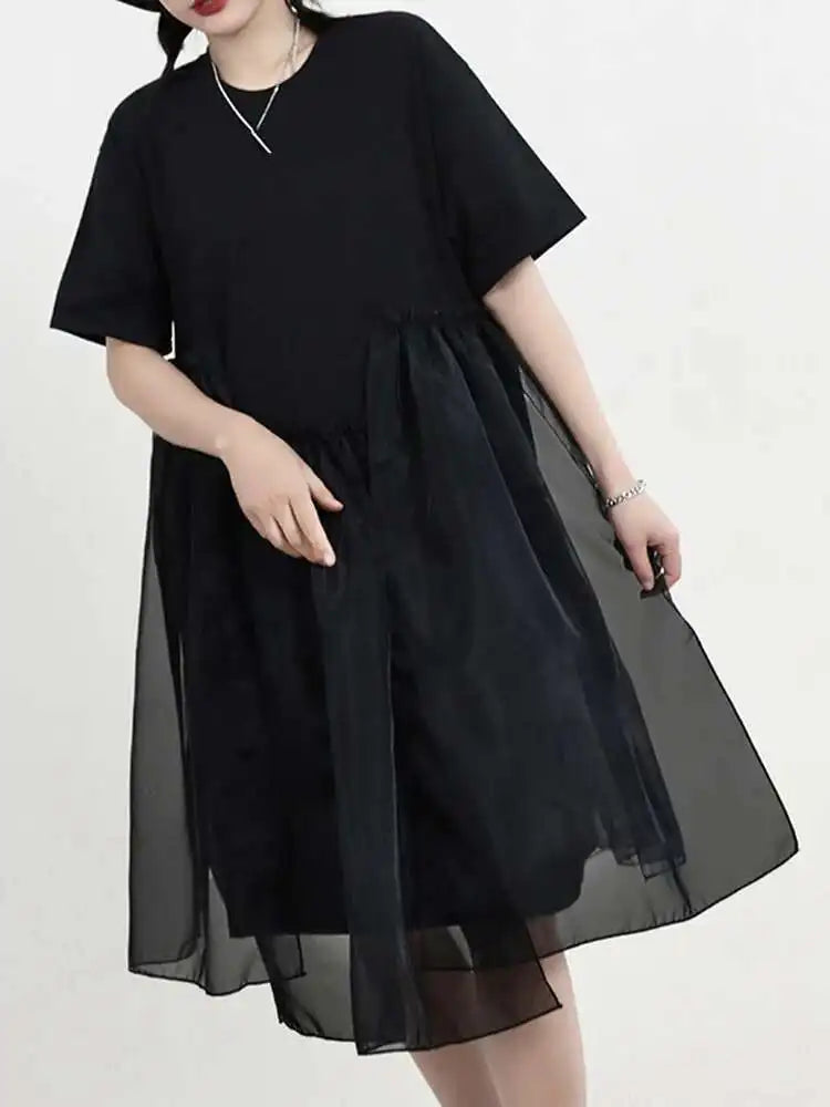 Women Black Organza Big Size Casual Dress New Round Neck Short Sleeve Loose Fit Fashion Tide Spring Summer 2025 1DF5074