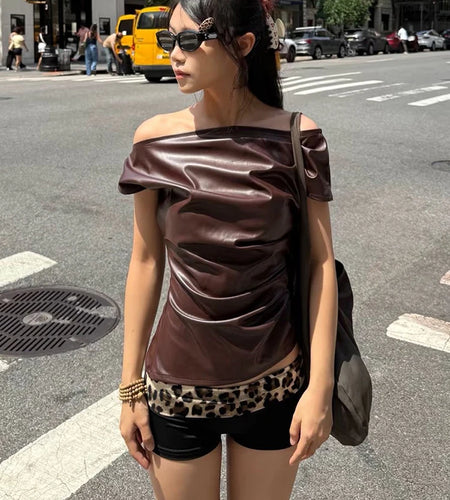 Faux Leather t-Shirt Women One Shoulder Irregular Hem Folds High Street Fashion Hottie Daily Simple Music Festival Tops