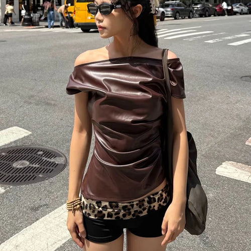 Load image into Gallery viewer, Faux Leather t-Shirt Women One Shoulder Irregular Hem Folds High Street Fashion Hottie Daily Simple Music Festival Tops
