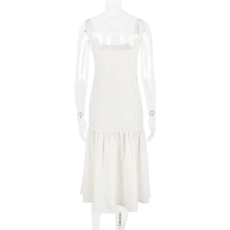 Backless Maxi Fishtail Dress For Women Gown Fashion Square Collar Sleeveless Loose Pleated Long Dress Elegant Dresses