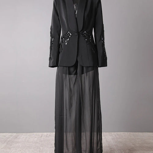 Load image into Gallery viewer, Big Size Sequins Blazer Mesh Long Pants Two Piece Suit New Lapel Long Sleeve Women Fashion Tide Spring Autumn 2025 35Z1664
