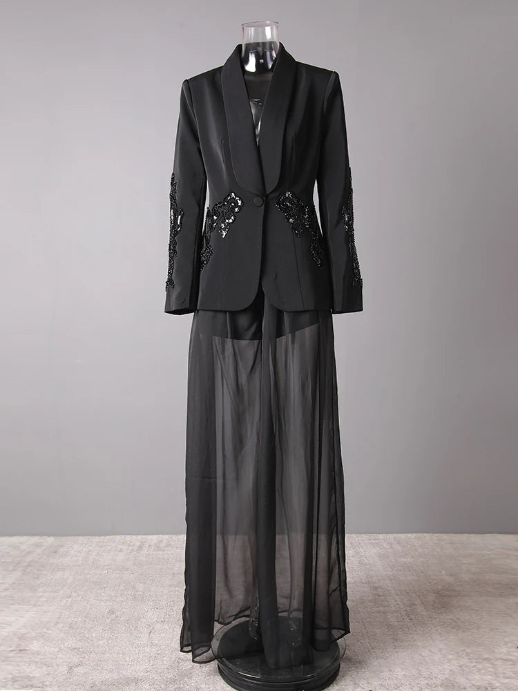 Big Size Sequins Blazer Mesh Long Pants Two Piece Suit New Lapel Long Sleeve Women Fashion Tide Spring Autumn 2025 35Z1664